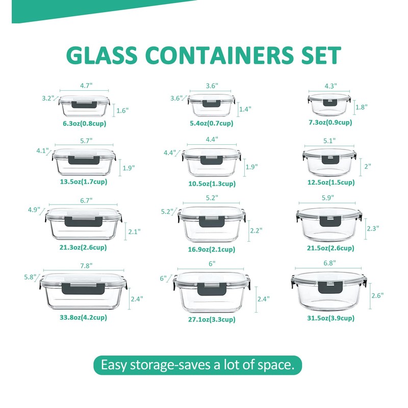KOMUEE 24 Pieces Glass Food Storage Containers Set,Meal Prep Containers-Stackable