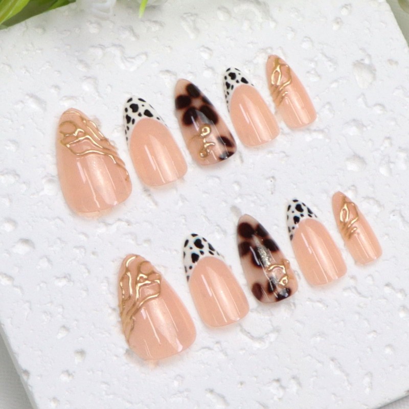 Short Press on Nails Almond Leopard Print French Gold Line