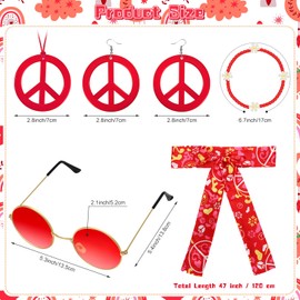 Batiyeer 6 Pcs Hippie Accessories for Women, Boho Peace Sign Earrings 60s 70s Outfits for Women Groovy Party Favor(Red)