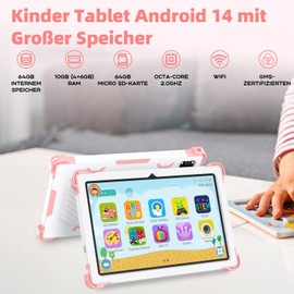 2024 Children's Tablet 10 Inch Android 14 Octa-Core, 10 GB RAM + 64 GB ROM (TF 1TB), Parental Control, Children's Educational IWawa App, with Anti-Fall Protective Case, Gift for Children, Blue, Pink
