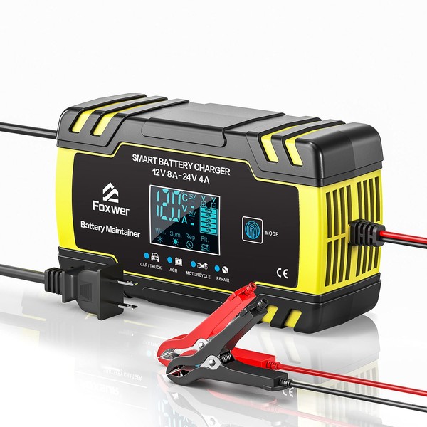 FOXWER Battery Charger Automotive, 12V8A 24V4A Battery Charger,Battery Maintainer,AGM Intellicharger,Battery