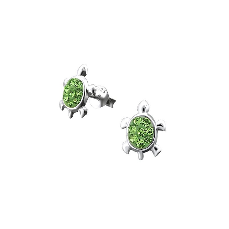 Small Turtle Sterling Silver Stud Earrings With Green Crystal Stones
