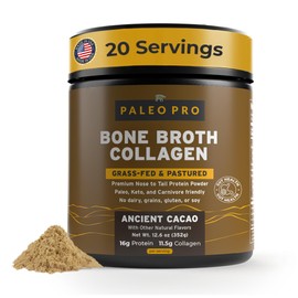 PaleoPro Bone Broth Collagen Protein Powder - Turmeric Root Grass-Fed Collagen Powder for Skin & Bones - Gluten Free, No Sugar, Soy, Grains, Net Carbs - Paleo & Keto Friendly 20 Servings Ancient Cacao