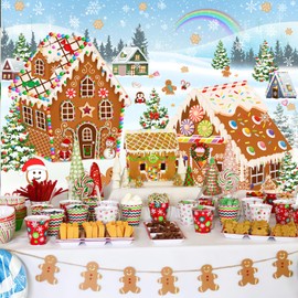 Mocsicka Christmas Gingerbread House Backdrop Xmas Gingerbread Banner Candyland Winter Christmas Scene Xmas Party Decorations Photography Background for Kids Photo Booth Props (7x5ft)