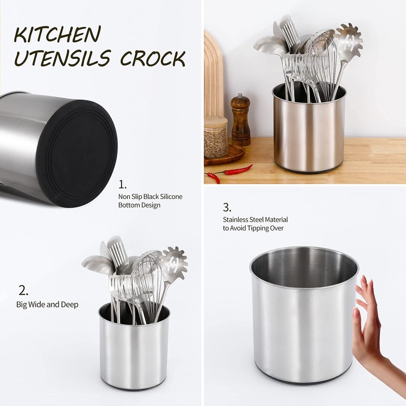 OKT Kitchen Utensil Holder,7.2″Large Stainless Steel Utensil Crock with Non