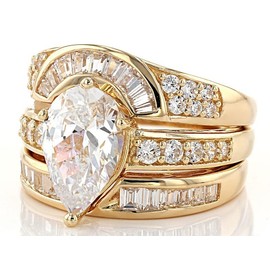 14K Gold Plated Rings Cubic Zirconia Love Ring 3Pcs Gold Crown Ring Teardrop CZ Rings Premium Cubic Zirconia Promise Eternity Ring for Women Luxury Rhinestone Women's Ring 3-in-1 Detachable Ring Q