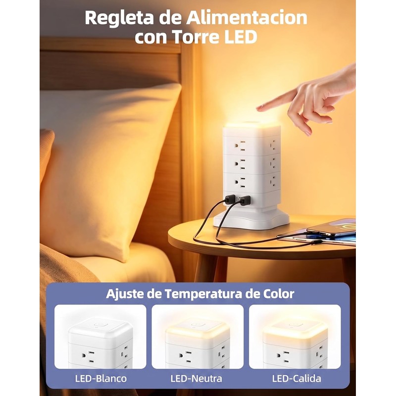 LUKITO Regleta Torre Multicontacto con Luz Nocturna, Extension Electrica 3M,Conector