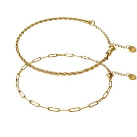 Kueroami Ankle Bracelets for Women, 18k Gold Anklets Set Layered Paperclip Rope Link Chain Golden Anklet Adjustable Size, Summer Beach Waterproof Foot Jewelry for Women (2 PCS)