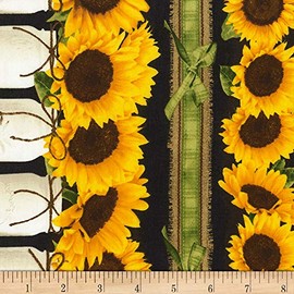 Timeless Treasures Sunflower Farm Sunflower Border Stripe Black, Quilting Fabric by the Yard