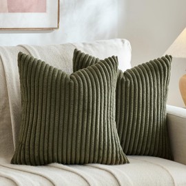 Fancy Homi Set of 2 Olive Green Decorative Throw Pillow Covers 20x20 Inch for Couch Bed Chair, Aesthetic Rustic Boho Home Decor, Soft Fuzzy Double Sided Thick Corduroy Cute Textured Cushion Case 50cm