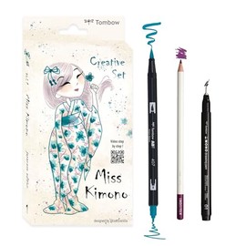 Tombow Creative Set Japan Edition Miss Kimono Set, 2 ABT Dual Brush Pens, Mono Drawing Pen & Irojiten Artist Colouring Pencil, Watercolour Paper with QR Code Video Tutorial [Japan Set1]