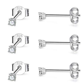PRETTERY Silver Stud Earrings for Women, 3 Pairs 3mm 925 Sterling Silver Cubic Zirconia Stud Earrings Set for Men Girls, White Gold Plated Sleeper Cartilage Studs with Clear 5A Cubic Zirconia