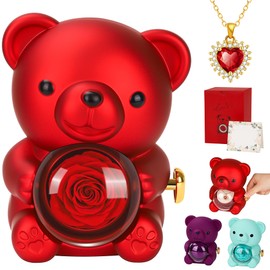 MestectPET Eternal Rose Gift Box with Heart Necklace, Preserved Rose Bear Box, Mother's Day, Valentine's Day, Wedding Anniversary, Birthday, Christmas Gifts for Mum, Girlfriend, Women (Red)