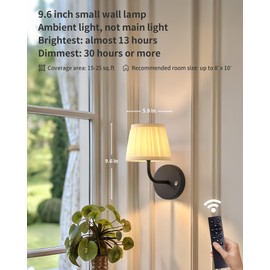 PUSU LED Cordless Black H9.6 inch Small Wall Sconces Set of 2, Rechargeable 5200mAh Battery Operated Fabric Wall Lamp with Remote, Lighting for Living Room, Bedroom, Hallway, Bathroom, Stairs, Kitchen