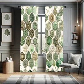 Ambesonne Sage Green Window Curtains, Hexagon Honeycomb Pattern with Abstract Trippy Ornaments Jade Tones, Lightweight Decorative 2-Panel Set & Rod Pocket, Pair of - 28" x 95", Eggshell Caramel Teal