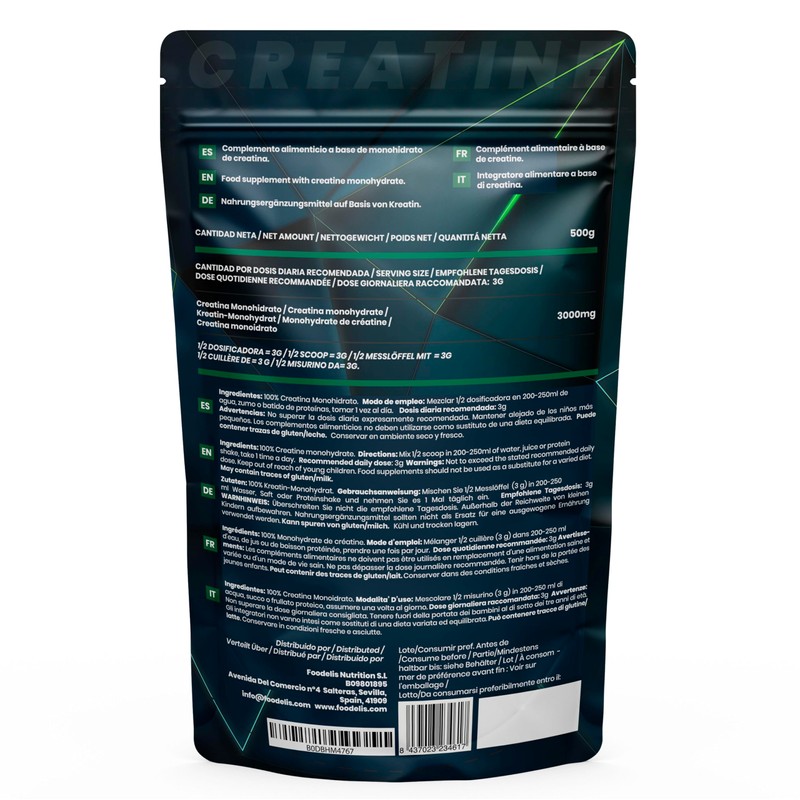 Foodelis Creapure® Creatine Monohydrate Powder 500 g - 100% Pure
