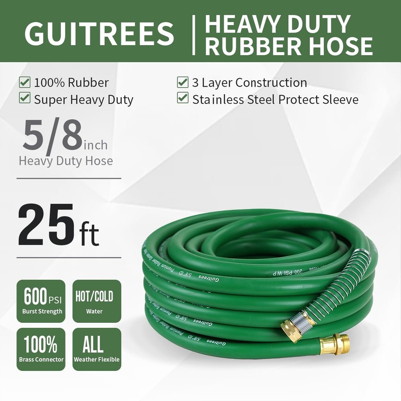 Guitrees 25FT 5/8 Heavy Duty Rubber Garden Hose - 200psi