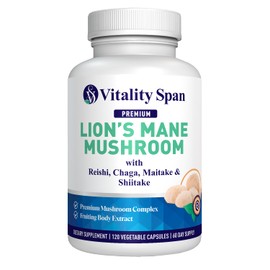 Vitality Span Lions Mane Supplement Capsules - Mushrooms Extract: Chaga, Maitake, Reishi & Shiitake Mushrooms | Pure Fruiting Body | Nootropic, Focus, Brain and Cognitive Support | 120 Veggie Caps