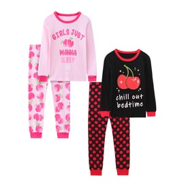 Vopawetty Girls 4-Piece Pajamas Cotton Christmas Pjs Set Kids Sleepwear (Pink Peach/Cherry, 8)