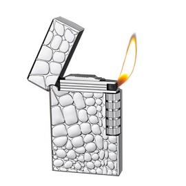 Soft Flame Metal Traditional Cigar Butane Lighter With Adjustable Flame Dial, Vertical Ignition Roller Flint Wheel, Classic Drawing (Silvery)
