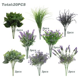 20 Bundles Artificial Lavender Plants Outdoor Fake Outdoor Plants UV Resistant for Home Planter Garden Patio Yard Decor