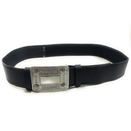 Black Leather Plain Scottish Highland Kilt Belt With Celtic Design Chrome Buckle, Black, S