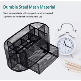 Netume office desk organiser, metal mesh pen holder, table organiser, pen box with drawer for desk, space-saving, desk organiser for school, home, office, black