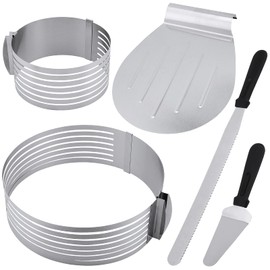 PINGEUI 5er Set Verstellbare Tortenring, 2 Größen Tortenring Edelstahl mit Tortenretter, Streichpalette und Tortenschneider, Backzubehör für Torten, 23-30cm/15-20cm