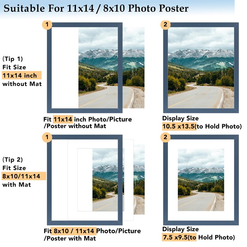 QOTIB 11x14 Picture Frame with 8x10 Mat Navy Blue, Display