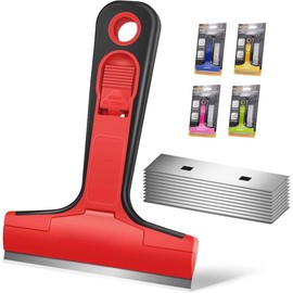 Razor  Scraper, 1 count Razor Scraper with Handle, Razor  Scraper Tool for Glass, Window Scraper with 10 count 4? , Razor Scraper Tool for Cleaning Stovetop, Oven, Shower Glass - Color: Red