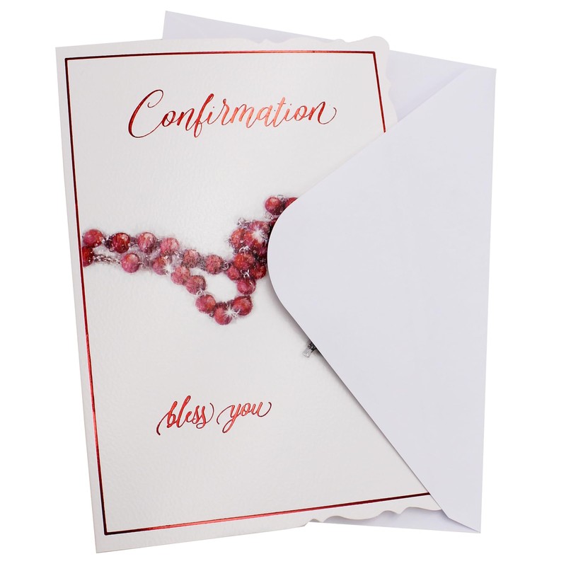Confirmation Card with Envelope and Red Embossed Detail Rosary Design