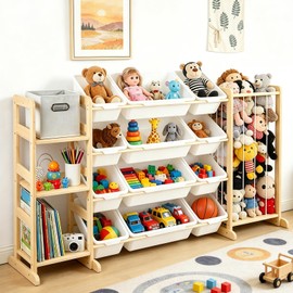 MICZG Kids Toy Storage Organizer with Bookshelf & Stuffed Animal Storage,12 Toy Bins +1 Free Storage Box,Playroom Nursery Organization Plush Toy Storage