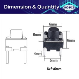 YOUFEN 100 Pcs Tact Push Button Switch 2 Pin 6x6x6 mm Micro Momentary Tactile Switch