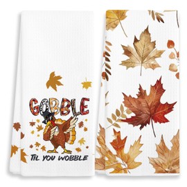 EJGFS Thanksgiving Kitchen Towels Set of 2–“Gobble Til You Wobble” Turkey & Autumn Leaf Decorative Hand Towels for Fall Bathroom-16 x24 Dish Towels for Farmhouse Kitchen or Seasonal Home Décor.(082)