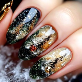 RUOKEXIN Almond Press on Nails Medium Fake Nails Gold Glitter False Nails with Designs Almond Nail Press ons Full Cover Glue on Nails Sparkly Artificial Nails Cute Stick on Nails for Women 24Pcs