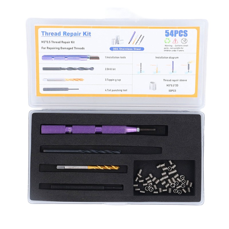 54 Pcs Thread Repair Kit M3x0.5x2D Thread Inserts Damaged Threads