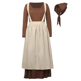 BPURB Women's Pioneer Colonial Dress Pilgrim Costume Civil War Dress Victorian Maid Peasant Costume with Apron, Coffee-beige