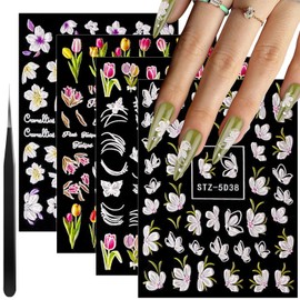 5D Flower Nail Stickers for Nail Art, 4 Sheets 3D Embossed Hollow Butterfly Pegatinas Uñas Nail Accessories Self Adhesive Colorful Floral Lace Nail Art Decals Supplies for Women Spring Summer
