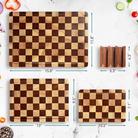 Checkerboard Cutting Board 3-PC Set, Solid Wooden Chopping Board, Acacia Wood Cutting Board for Kitchen with Holder with Deep Juice Grooves & Built-in Handles, for Meat, Vegetables and Fruits