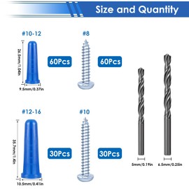 smseace 182PCS Concrete Anchors and Screws Kit, 90PCS Concrete Wall Anchors, 90PCS Self Tapping Concrete Screws and 2PCS Drill Bit Conical Concrete Wall Anchors and Screws