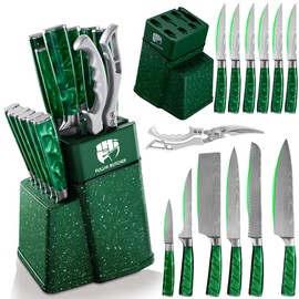 FULLHI 14pcs Block Knife Set, Chef's Knife Steak Knives Set with Block and Sharpener, Kitchen Knife Set, Multi-colour Handle, Gifts for Men Women