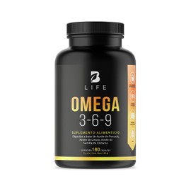 B Life Omega 3-6-9 con 180 Cápsulas | Concentración de EPA y DHA | 1000 mg con Aceite de Pescado, Linaza y Cártamo | Mezcla Completa de Ácidos Grasos Esenciales.