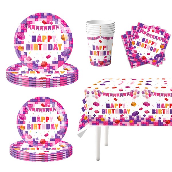 Nicime Building Block Birthday Supplies, Pink Cute Happy Birthday Tableware