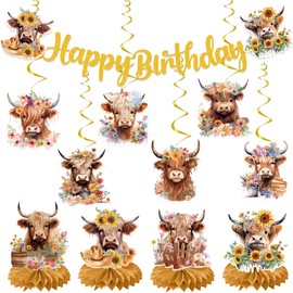 EoBeCy Highland Cow Birthday Decorations: 19PCS Happy Birthday Highland Cow Banner Highland Cow Print Hanging Swirls Highland Cow Honeycomb Centerpieces Farm Theme Highland Cow Party Favors