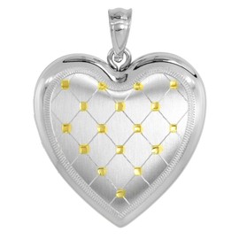 1 inch Sterling Silver Heart Locket Necklace for Women 4 Picture Gold Quilt 18 inch RL_30H