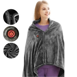 IUIBMI Heated Throw Blanket Plush USB Electric Throw Blanket with Zipper, Adjustable 3 Levels Temperature, Wearable Portable Throw Poncho Wrap for Shoulder and Neck, Machine Washable, 59x 33.5 inch