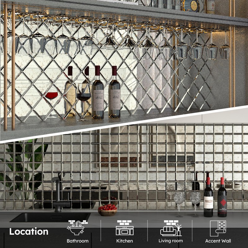 Diflart Peel and Stick Mirror Backsplash, Light Antique, 3x3 Inch,