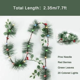 7.7 Ft Lighted Christmas Garland, Indoor Outdoor Decor, 8 Lighting Modes 20 LED Colored Lights, Pineneedle, Green Leaves, Red Berries, Christmas Garland Decor for Mantels Tables Stairs Windows Wall