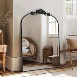 Vintage Wall Mirror, 24"x36" Arched Mirror for Vanity, Antique Decorative Mirrors with Carved Metal Frame for Bedroom, Living Room, Entryway, Fireplace, Hallway, Black