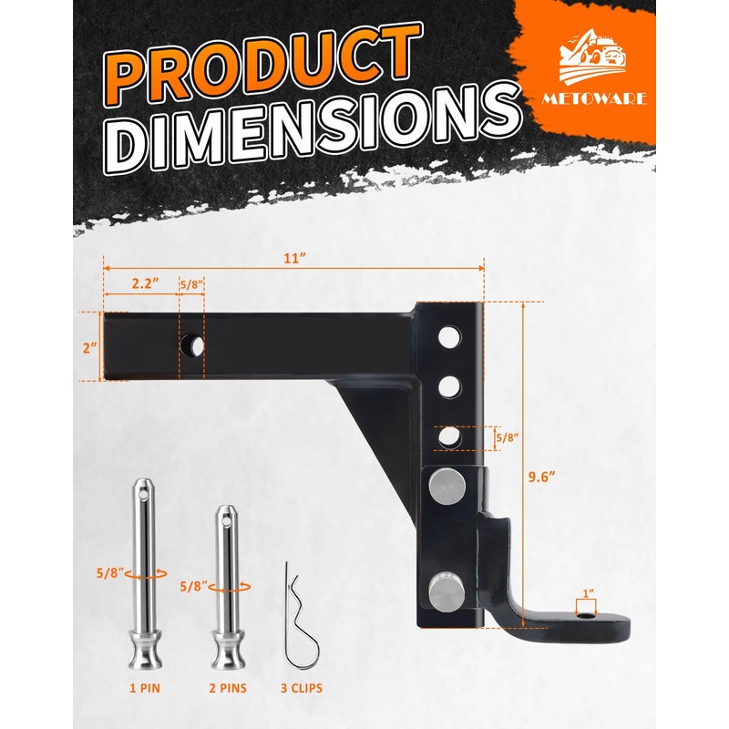 METOWARE Adjustable Trailer Hitch Ball Mount, 9-1/2" Drop and 8-1/4"
